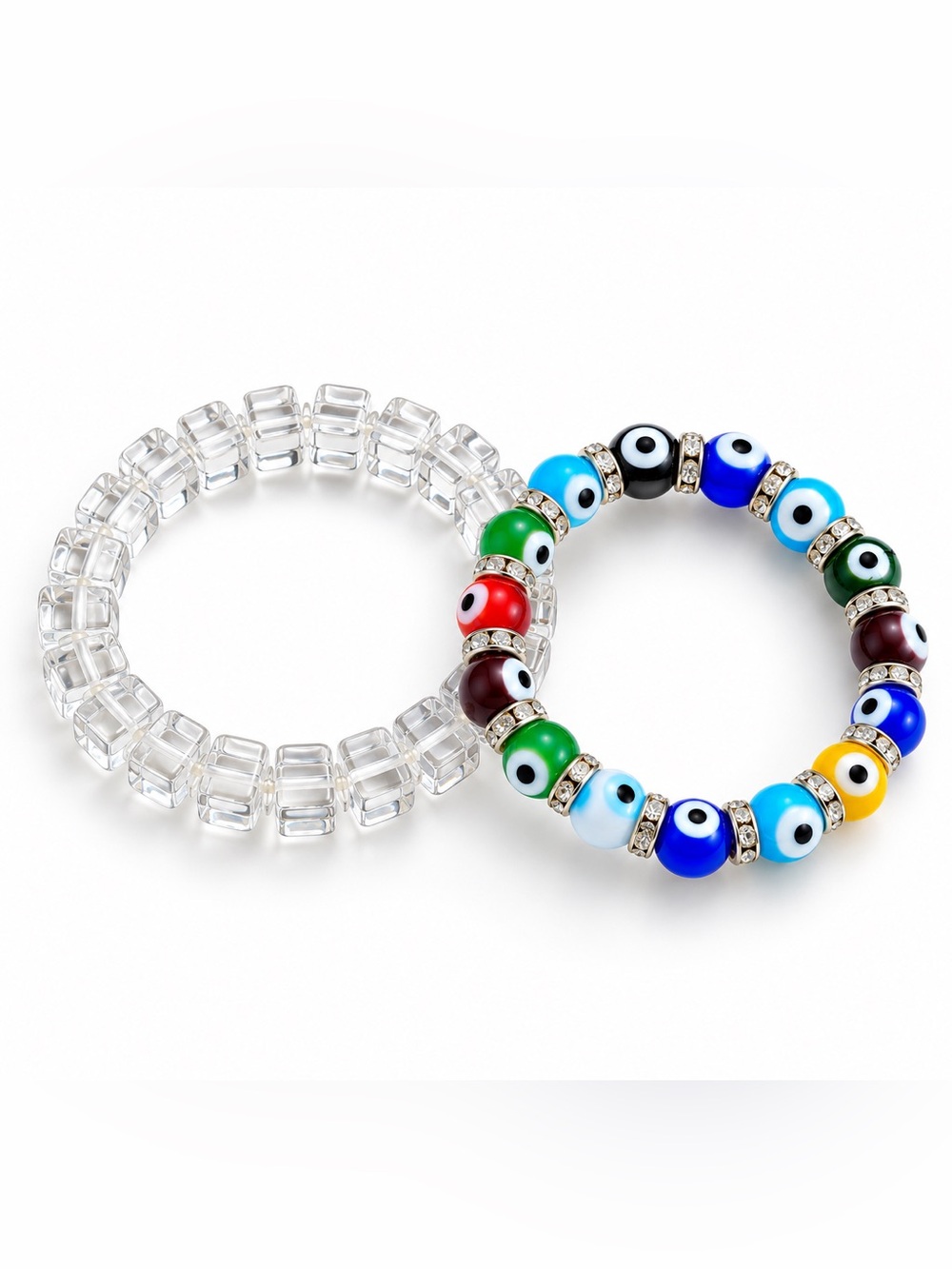 2-Piece Evil Eye & Clear Crystal Stretch Bracelet Set – Multicolor